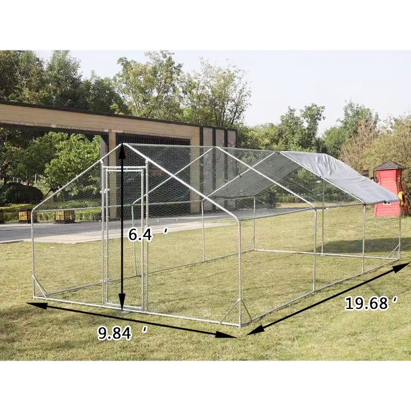 Large Metal Chicken Coop Walk-in Poultry Cage Hen Run House Rabbits Habitat Cage Spire Shaped Coop with Waterproof and Anti-Ultraviolet Cover (9.8' L x 19.7' W x 6.4' H)