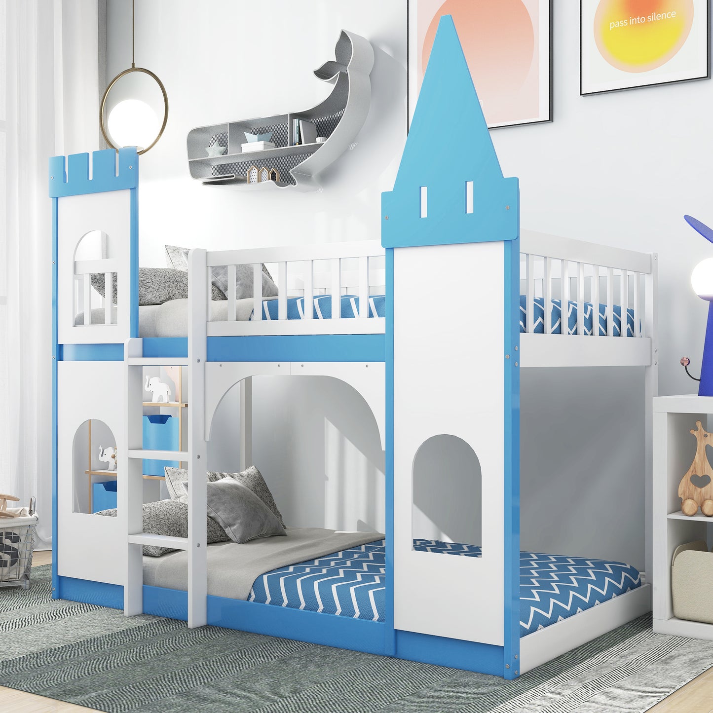 Blue Castle Bunk Bed with Ladder for Children