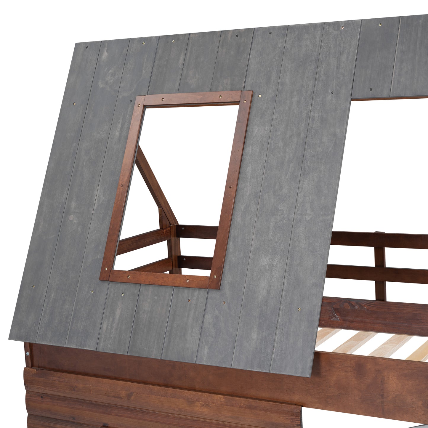 Cozy Rustic Oak and Smoky Grey House Bunk Bed with Roof, Ladder, and Windows for Kids