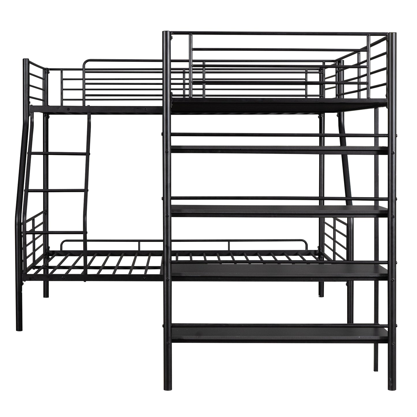 Triple Sleeper Bunk Bed with Loft, Shelves, and L-Shape Design, Black Metal