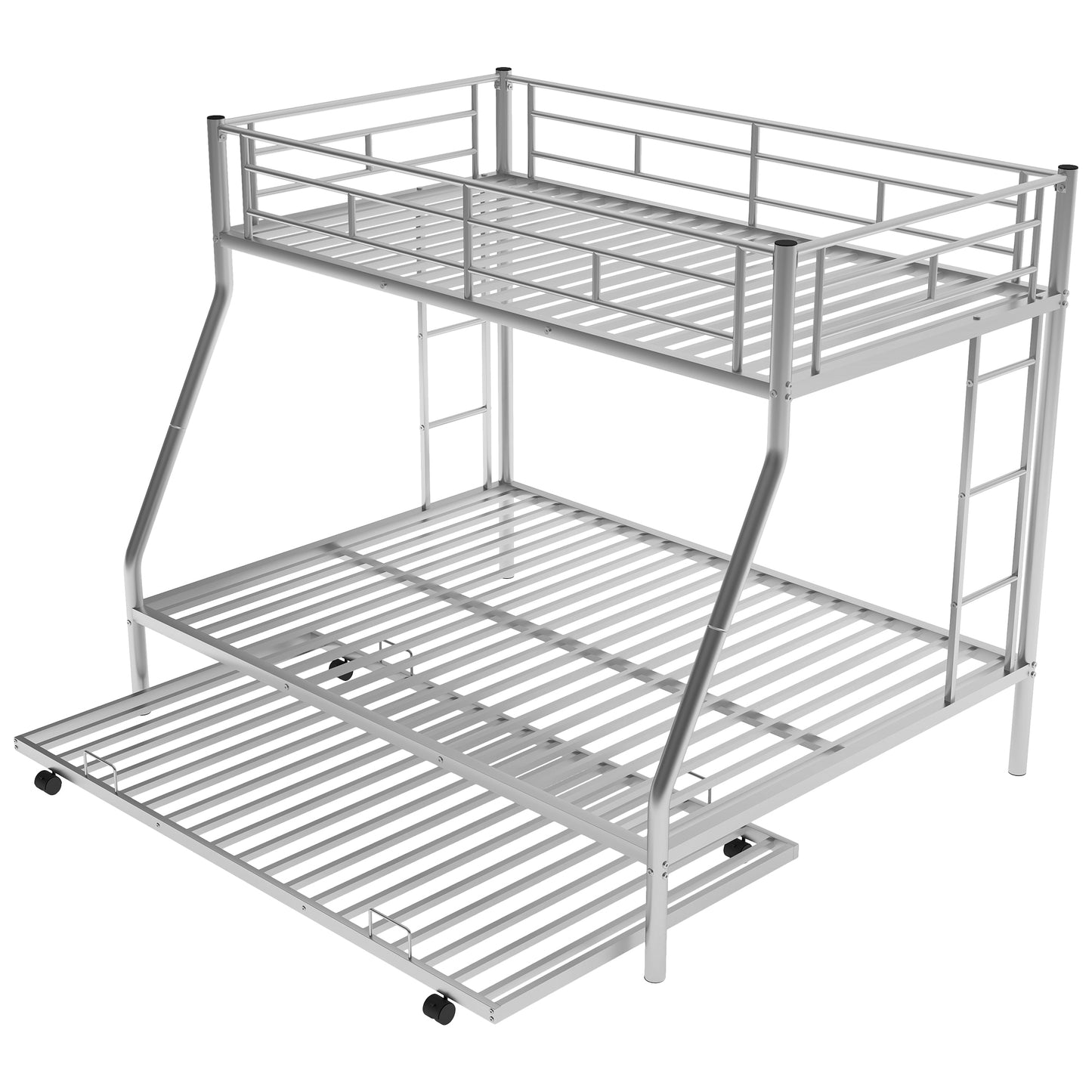 Silver Steel Bunk Bed Set with Twin Trundle and Two-Side Ladders