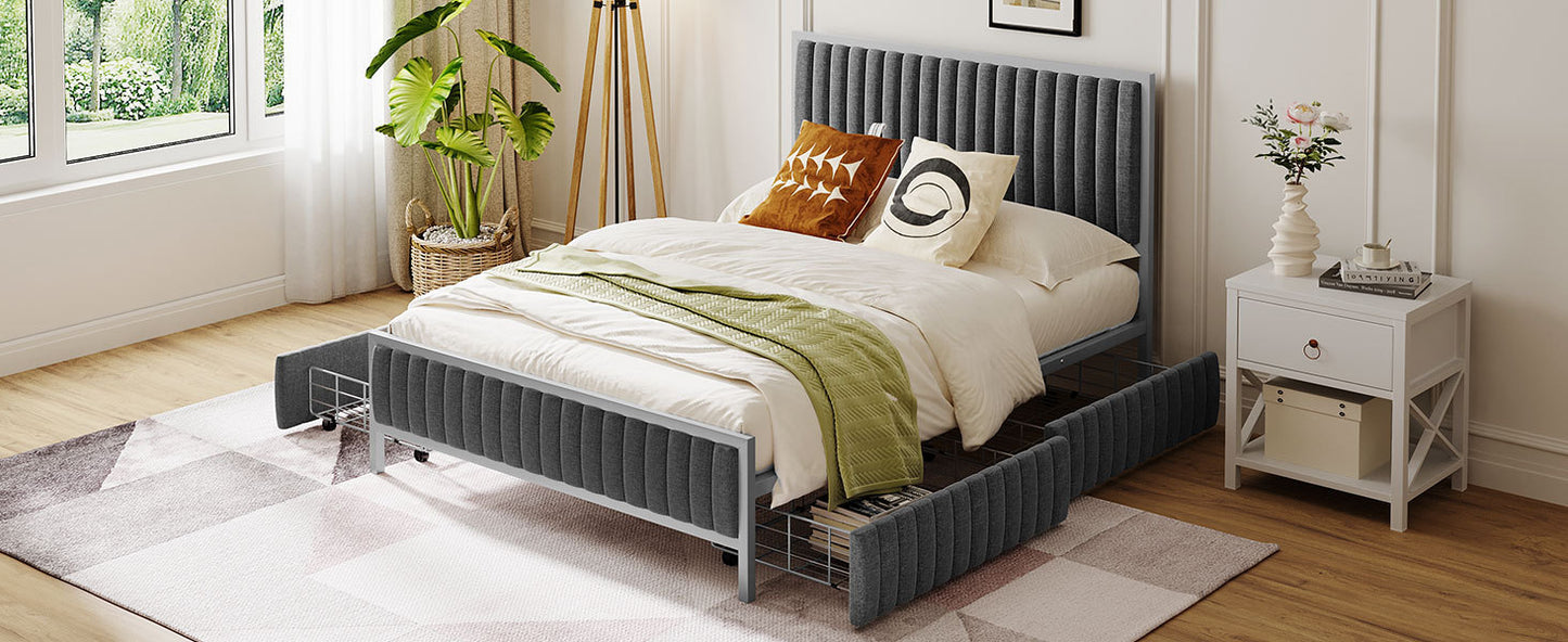 Full Size Metal Frame Upholstered Bed with 4 Drawers, Linen Fabric, Gray