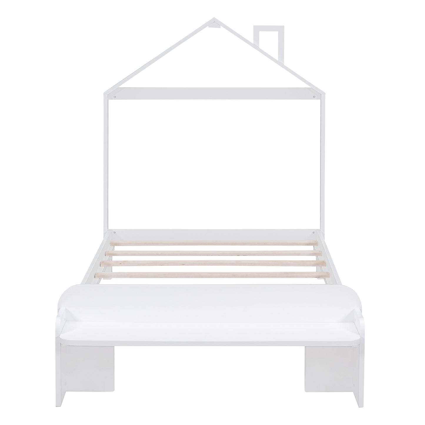 Twin Size Wood Platform Bed with House-shaped Headboard and Footboard Bench,White