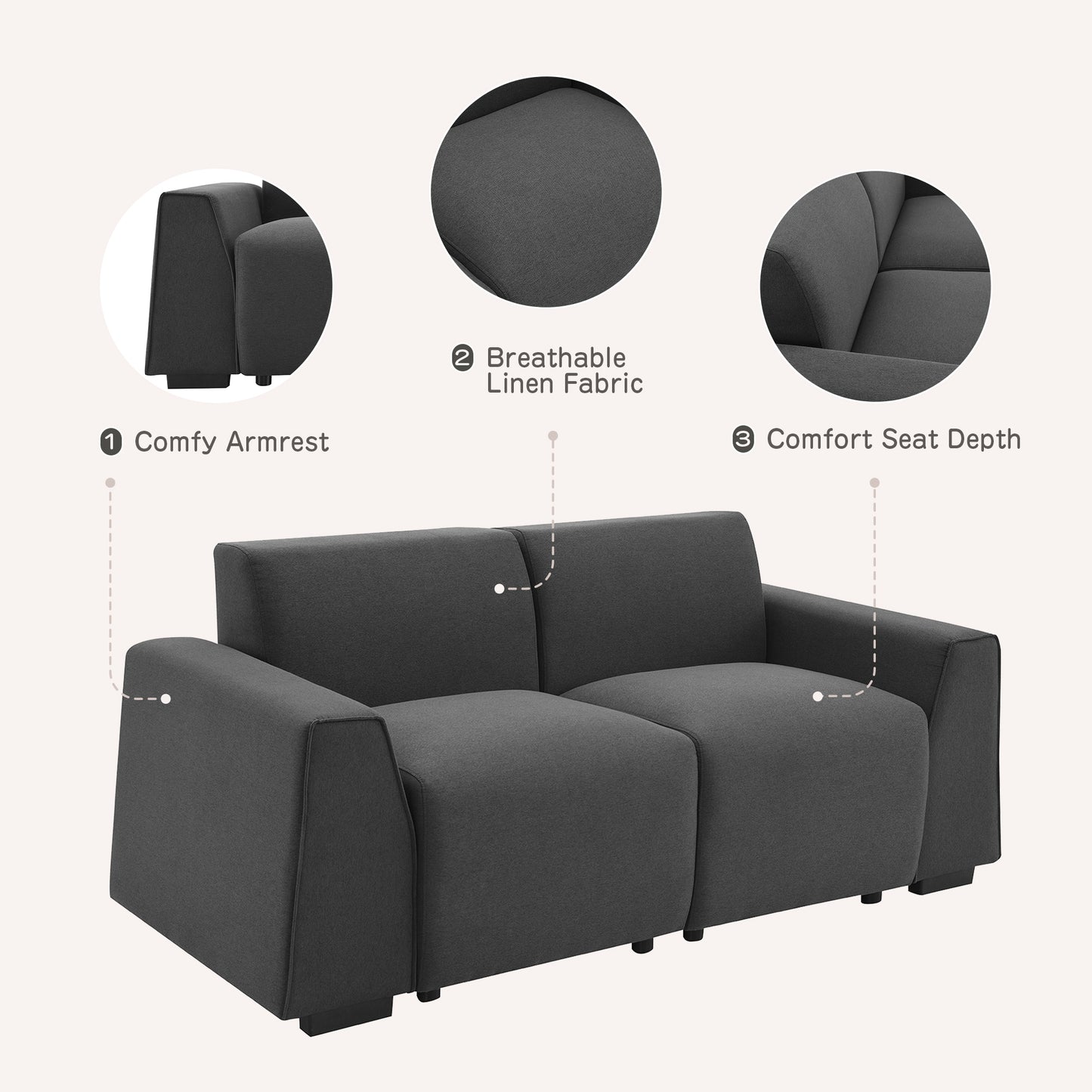 Contemporary 71*35.5 Linen Fabric Sofa with Wide Armrests