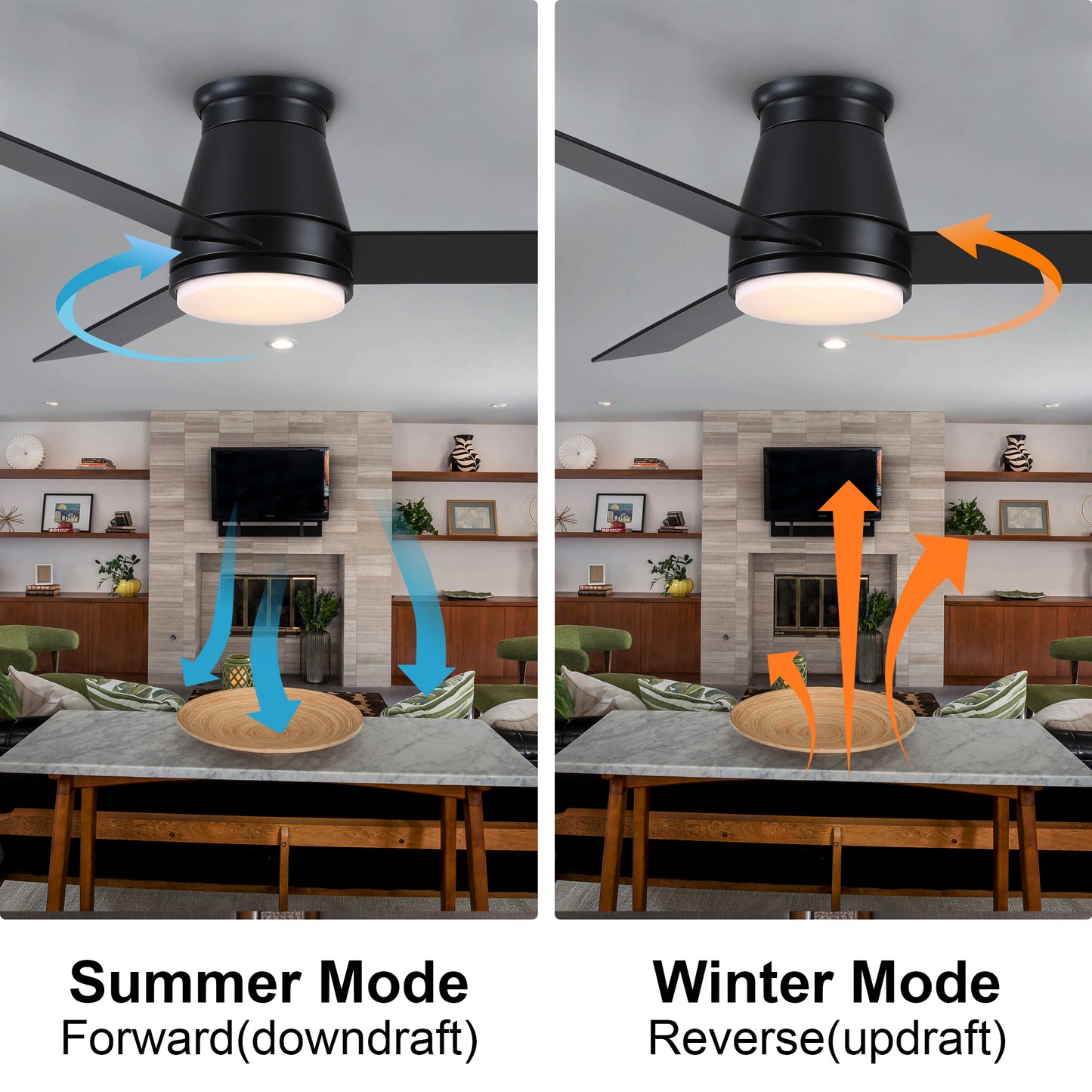 48-inch Sleek Black Low Profile Ceiling Fan with LED Light