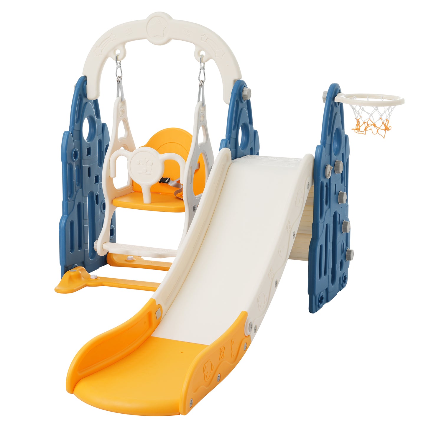 4-in-1 Toddler Playground Climber, Slide, Swing Set with Basketball Hoop