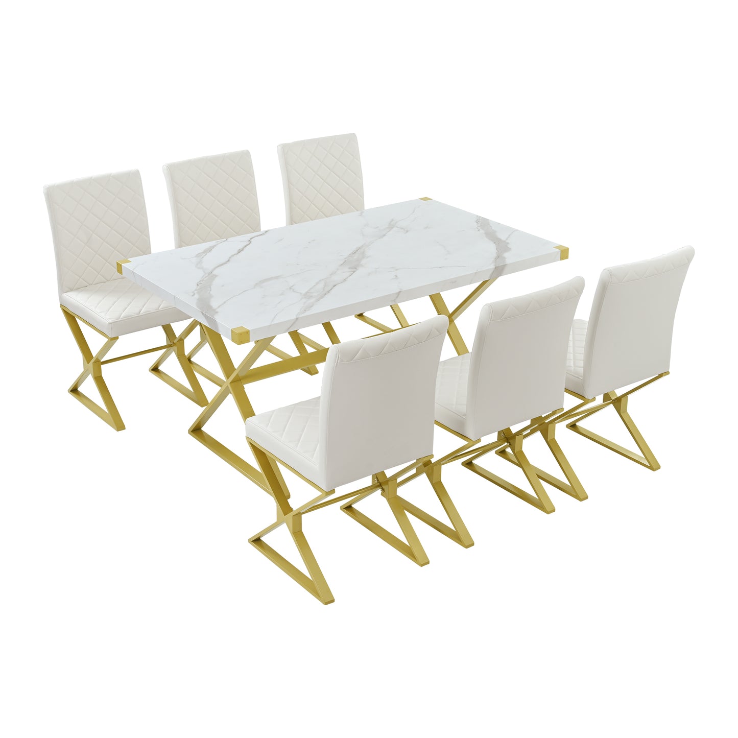 TREXM 7-Piece Modern Dining Table Set, Rectangular Marble Texture Kitchen Table and 6 PU leather Chairs with X-Shaped Gold Steel Pipe Legs for Dining Room (White)