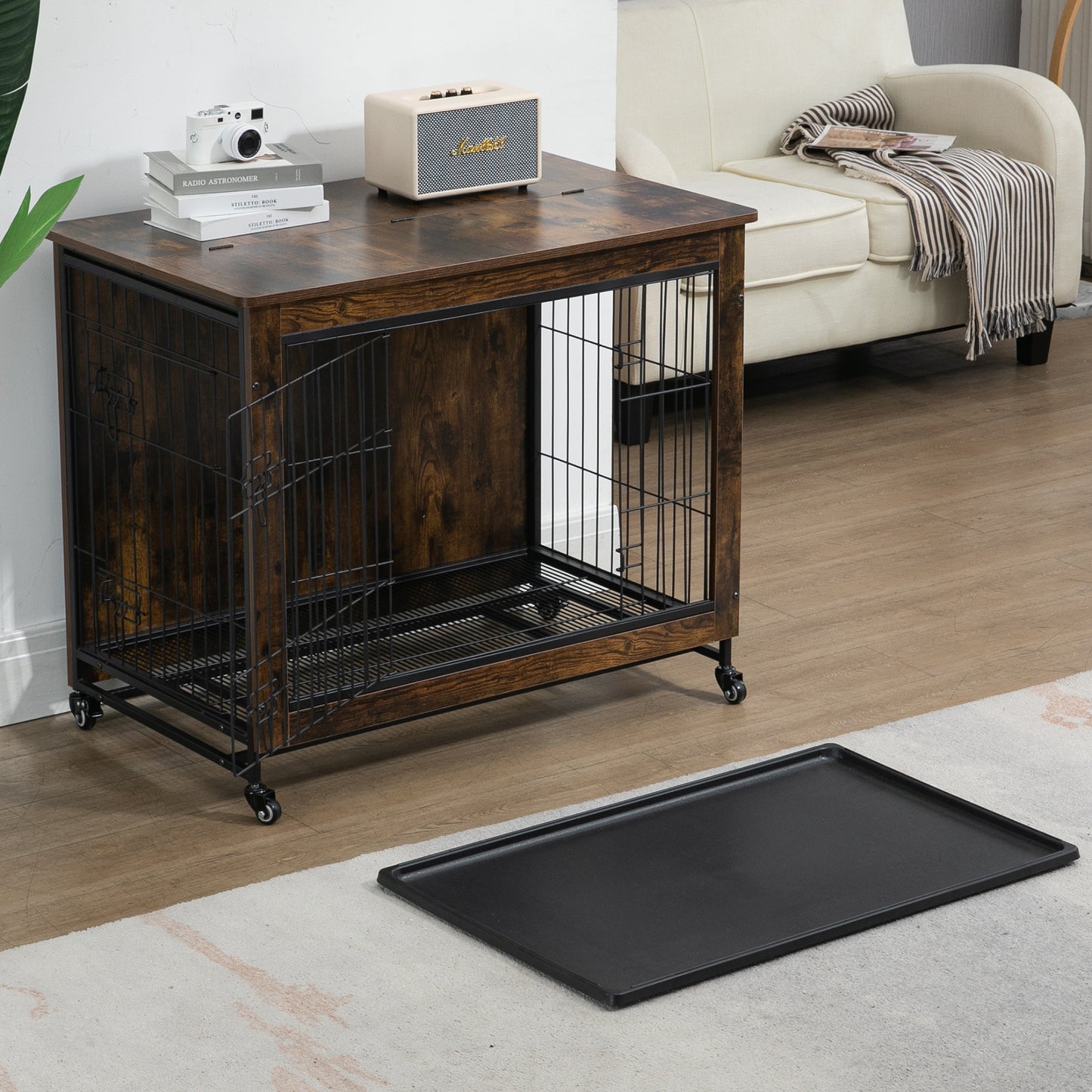 23.6"L x 20"W x 26"H Dog Crate Furniture with Cushion, Wooden Dog Crate Table, Double-Doors Dog Furniture, Dog Kennel Indoor for Small Dog, Dog House, Dog Cage Small,  Rustic Brown