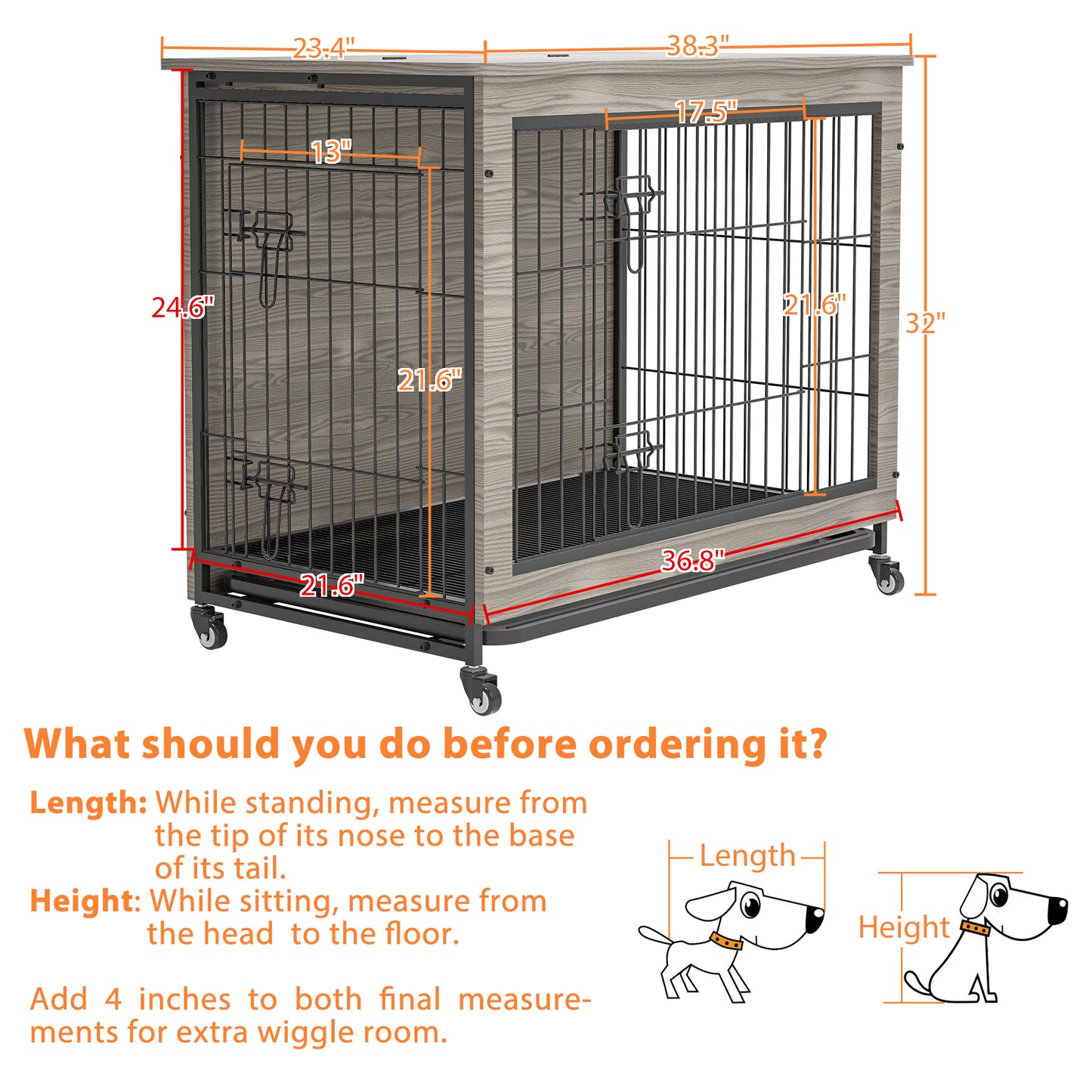 Dog Crate Furniture , 38'' Heavy Duty Wooden Dog Kennel with Double Doors & Flip-Top for Large Dogs, Furniture Style Dog Crate End Table with Wheels, Grey 38.3"L X 23.4"W X 32"H