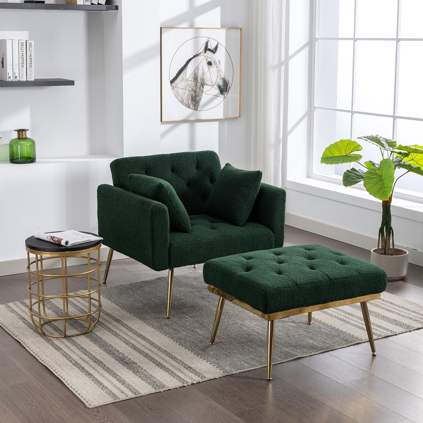 Green Tufted Chaise Lounge Accent Chair with Adjustable Backrest and Ottoman