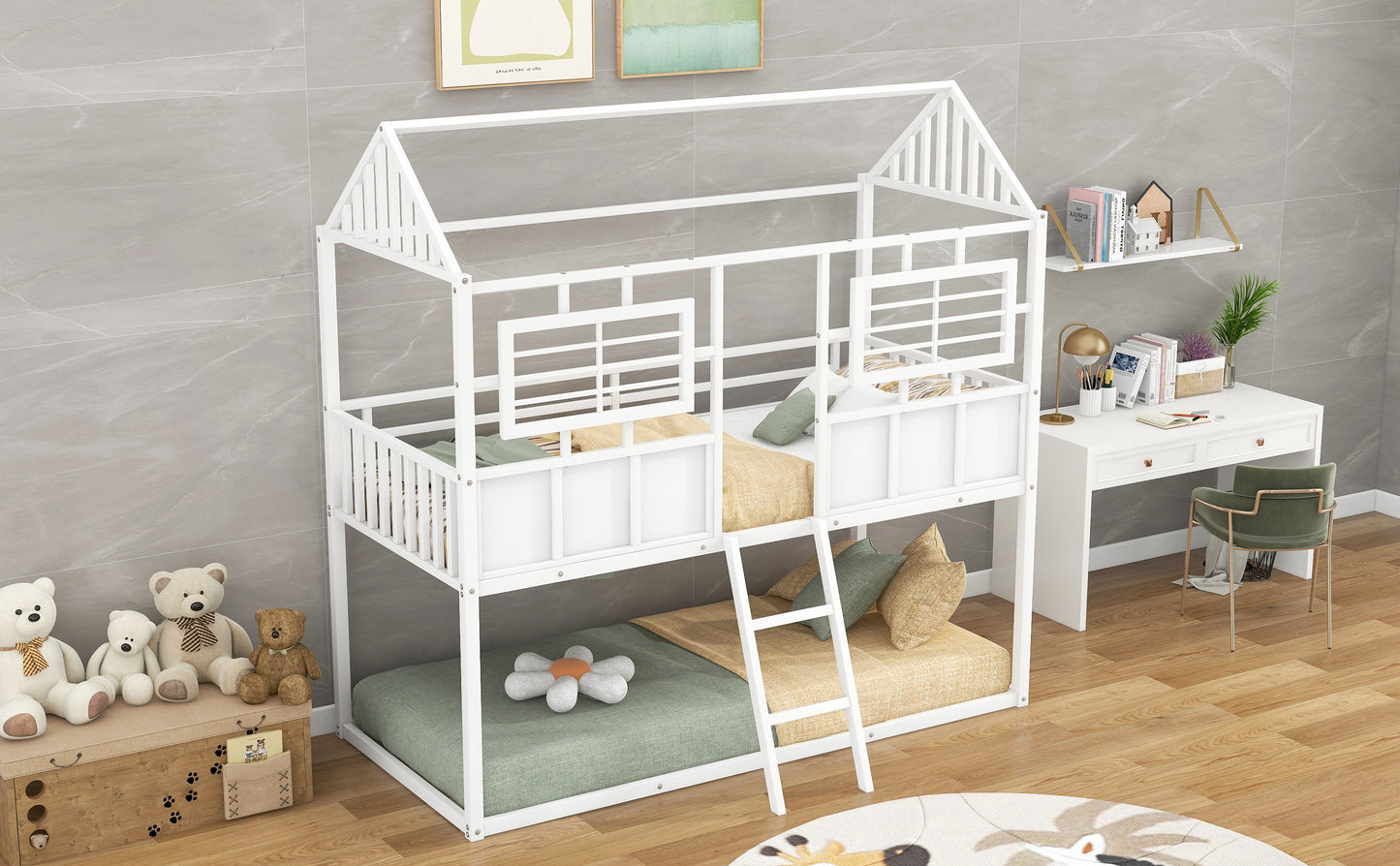 Rustic White Metal Twin Bunk Beds with Roof and Fence Guardrail