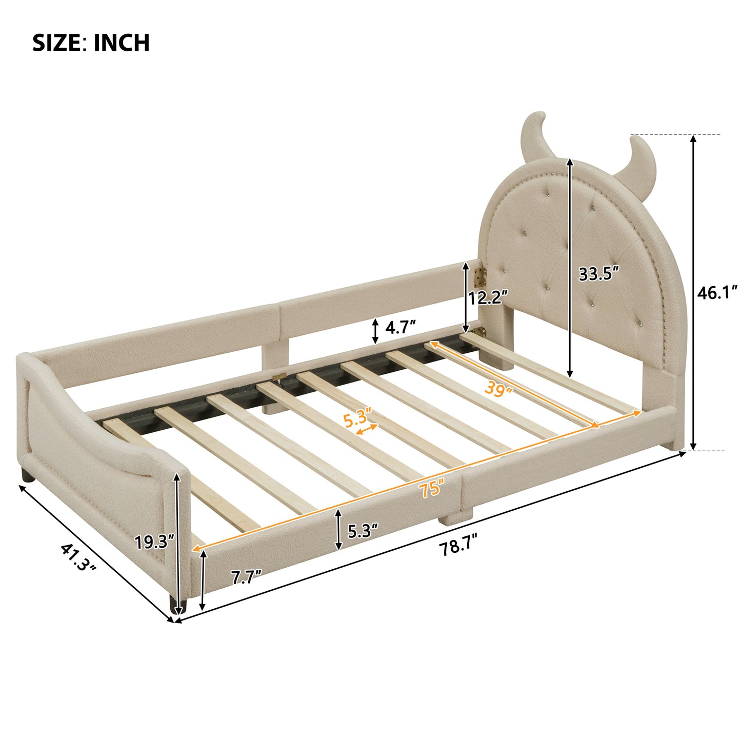 Teddy Fleece Twin Size Upholstered Daybed with OX Horn Shaped Headboard, Beige