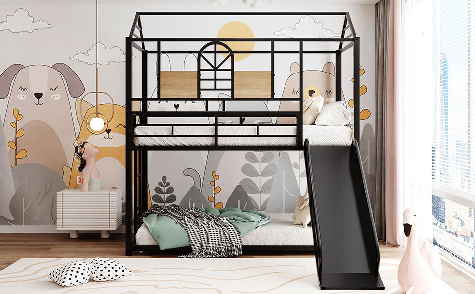 Metal Bunk Bed with Playhouse Design and Slide in Multiple Color Options