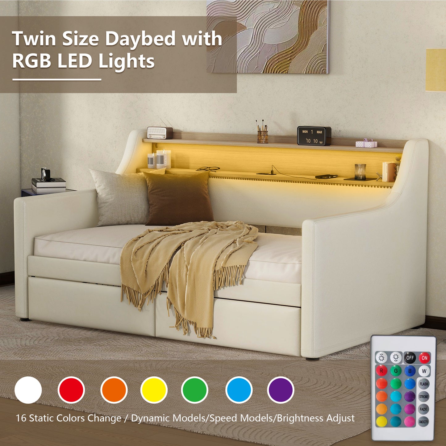 Twin Size Daybed with Storage Drawers, Upholstered Daybed with Charging Station and LED Lights, White