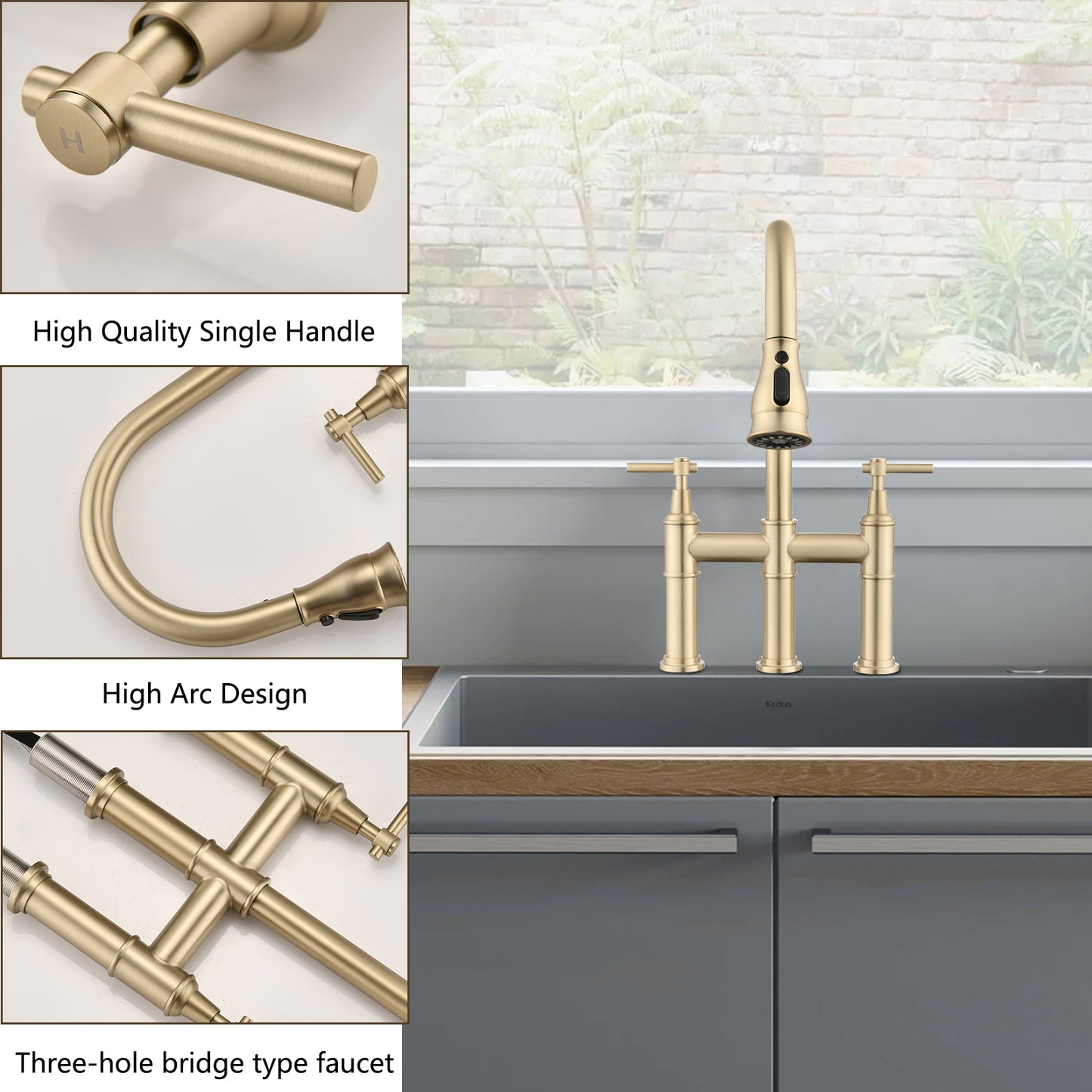 Double Handle Bridge Kitchen Faucet With Pull-Down Spray Head