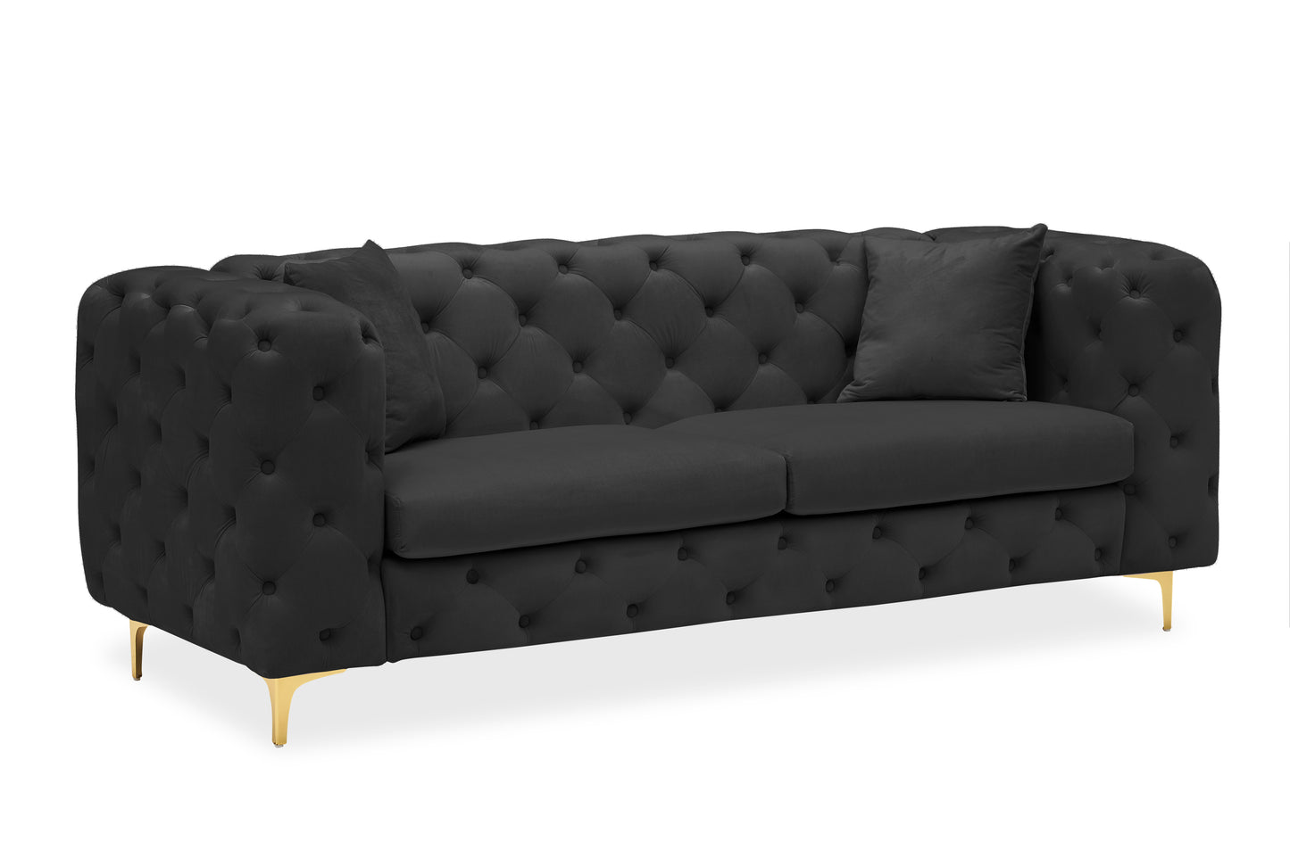 New design comfortable black loveseat with two throw pillows in the same color