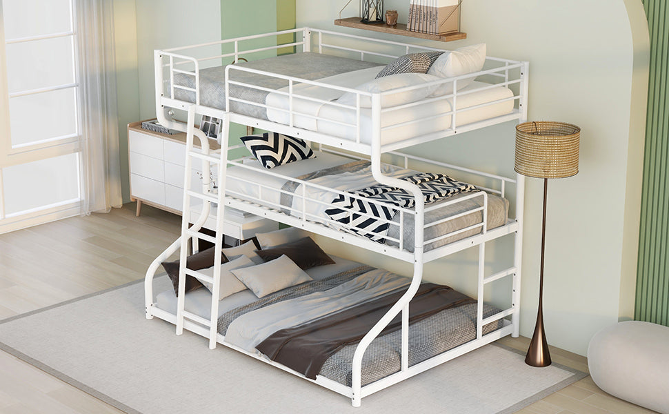 White Triple Bunk Bed Set with Full XL, Twin XL, and Queen Size Layers