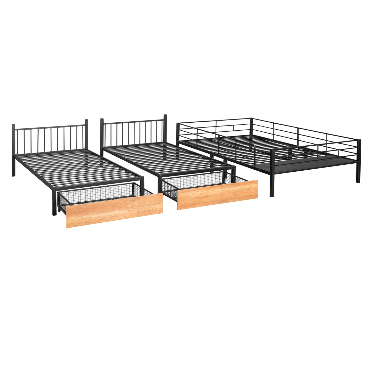 Black Metal Triple Bunk Bed with Storage and Safety Features - Space-Saving Full over Twin & Twin Bunk Bed