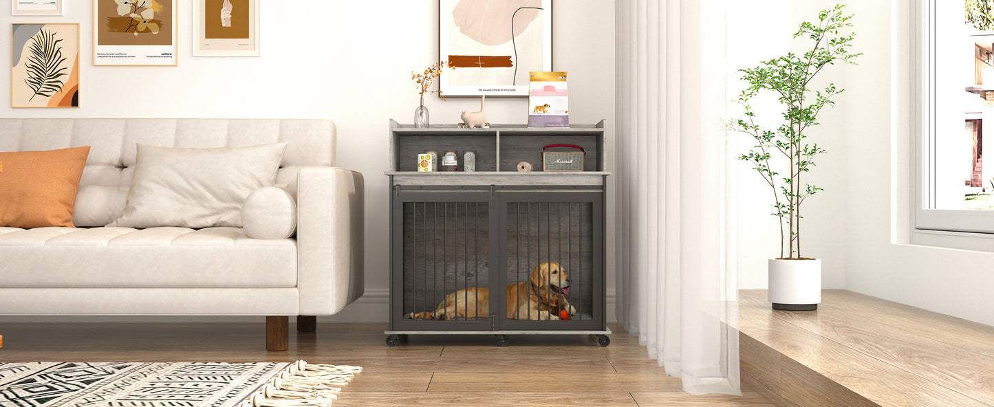 Furniture type dog cage iron frame door with cabinet, top can be opened and closed. Grey, 43.7'' W  x 29.9'' D  x 42.2'' H