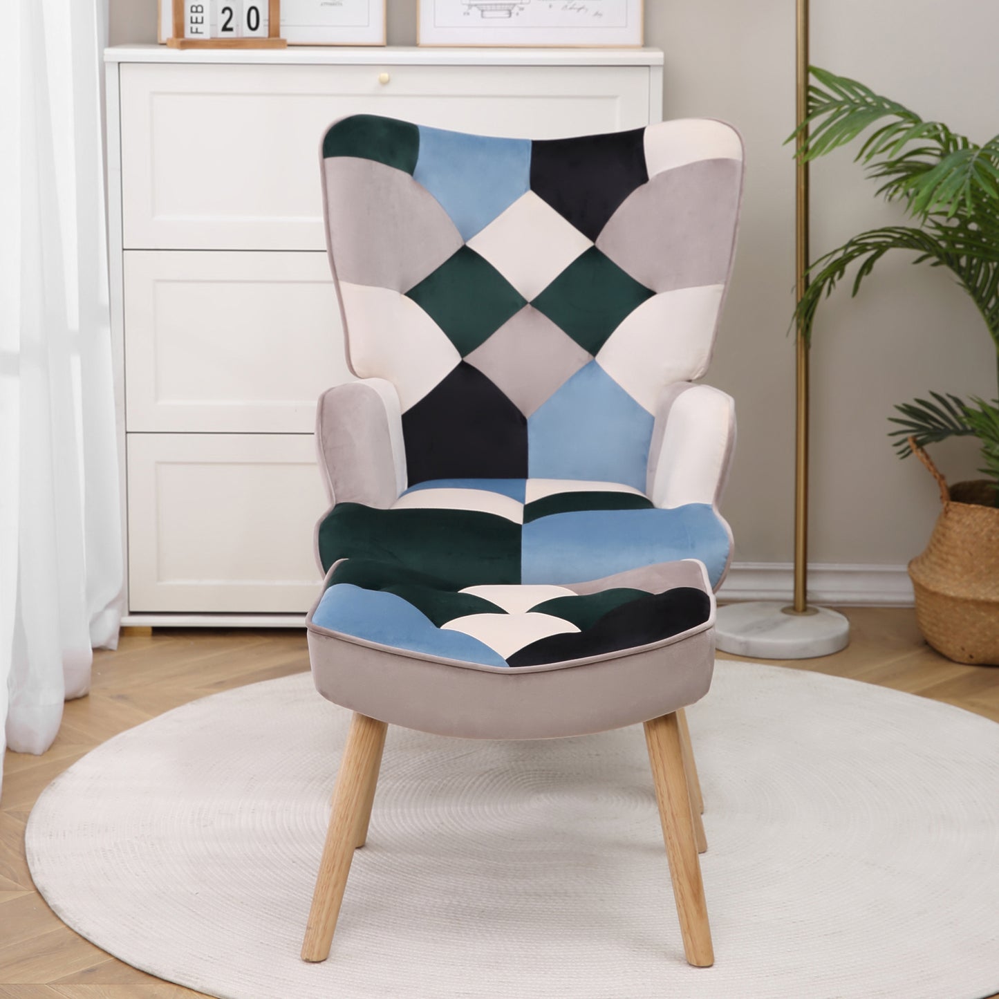 Accent Chair with Ottoman, Living Room Chair and Ottoman Set, Comfy Side Armchair for Bedroom, Creative Splicing Cloth Surface