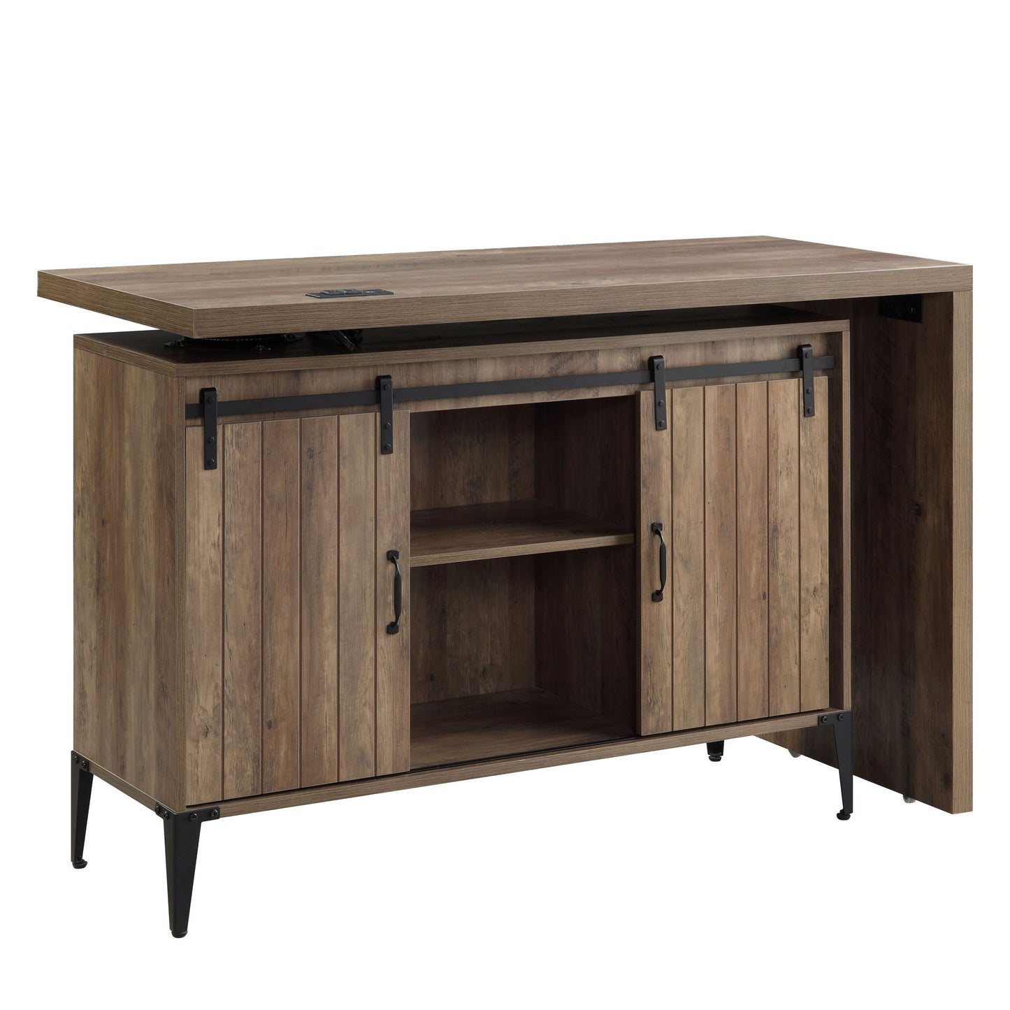 Rustic Oak Writing Desk with USB Port and Sliding Barn Door