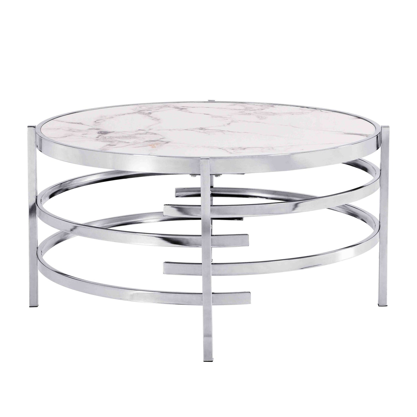 Chrome Round Coffee Table with Sintered Stone Top and Sturdy Metal Frame for Modern Living Room Décor