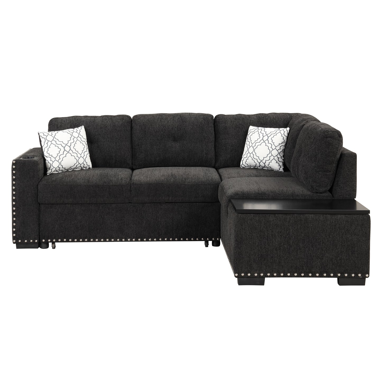 83.8 L-Shaped Reversible Sectional Sleeper Sofa with Cup Holder and USB Ports, Black