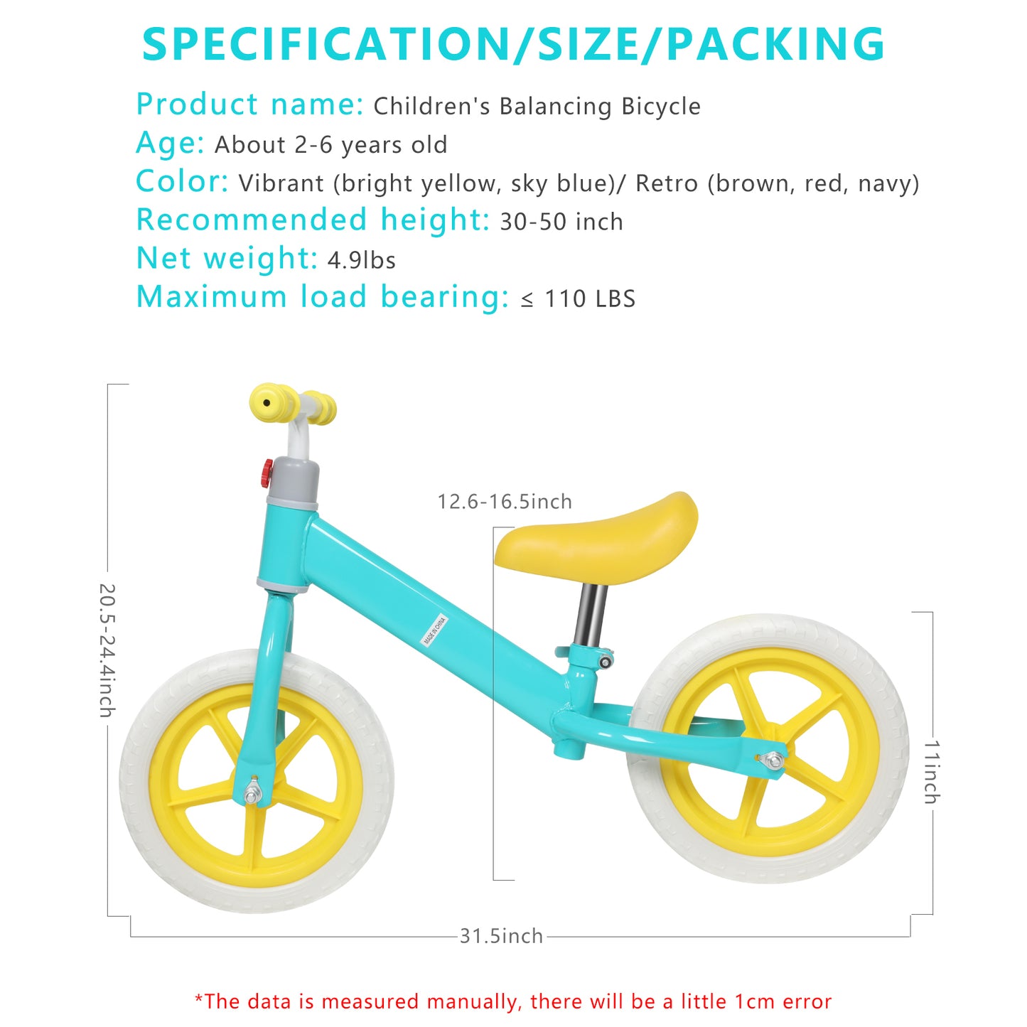 Adjustable Height Kids Balance Bike with Carbon Steel Frame and PE Tires - Suitable for 2-6 Years