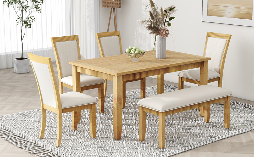 Rustic Solid Wood 6-piece Dining Table Set, PU Leather Upholstered Chairs and Bench, Natural Wood Wash