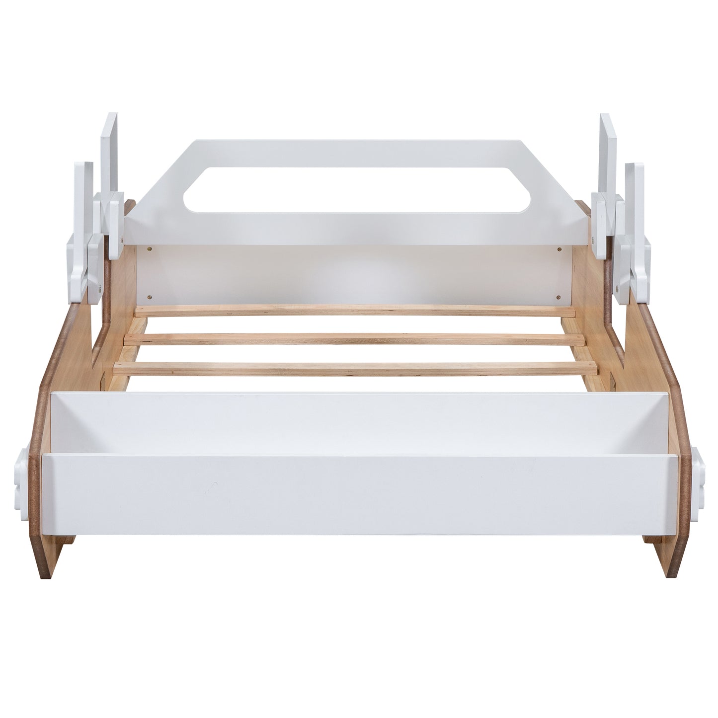 Wood Twin Size Racing Car Bed with Door Design and Storage, Natural+White+Black