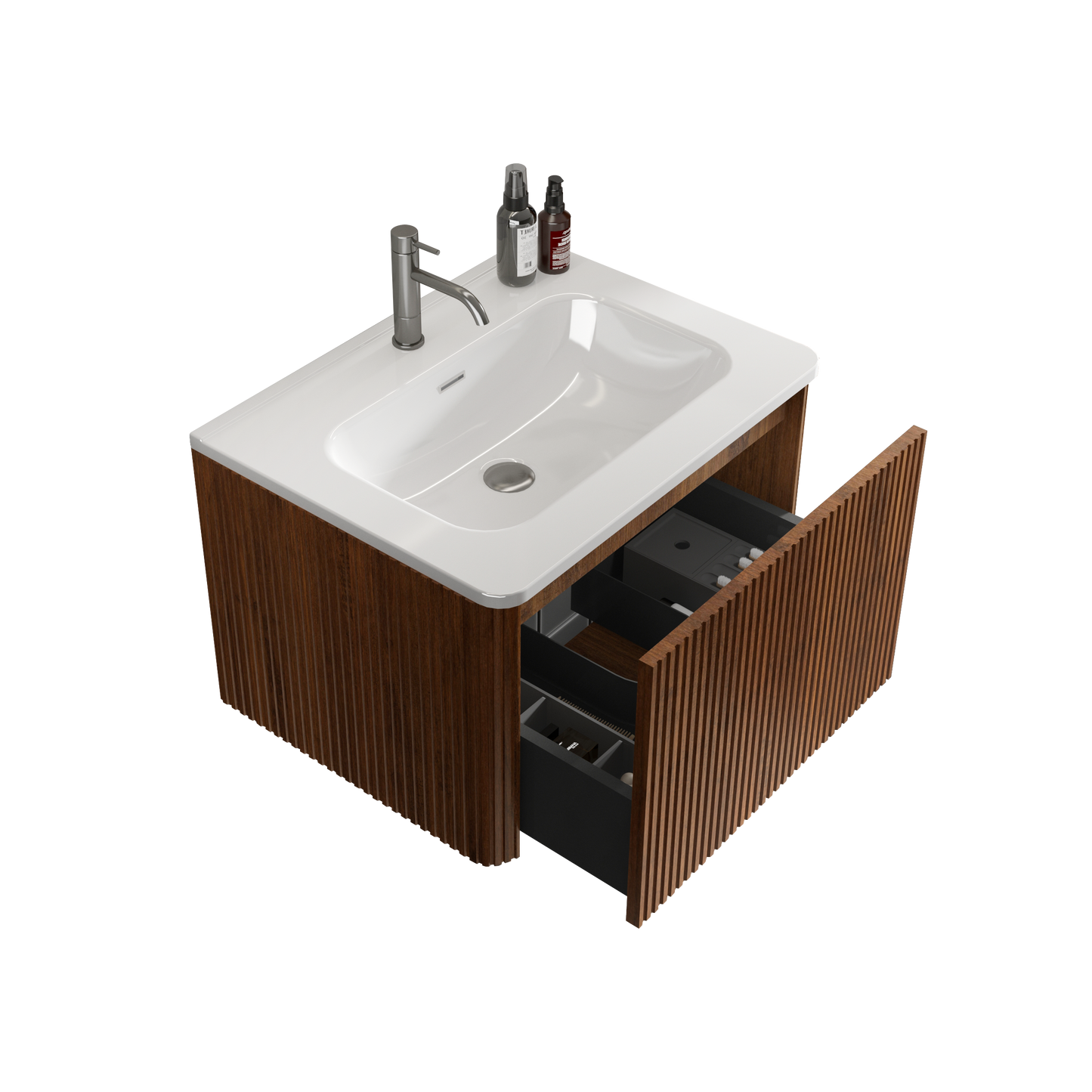 U046-Etna24W-305 Etna 24" Striped Walnut Bathroom Vanity with White Ceramic Sink, Wall Mounted Floating Bathroom Vanity for Modern Bathroom, One-Piece White Sink Basin without Drain and Faucet