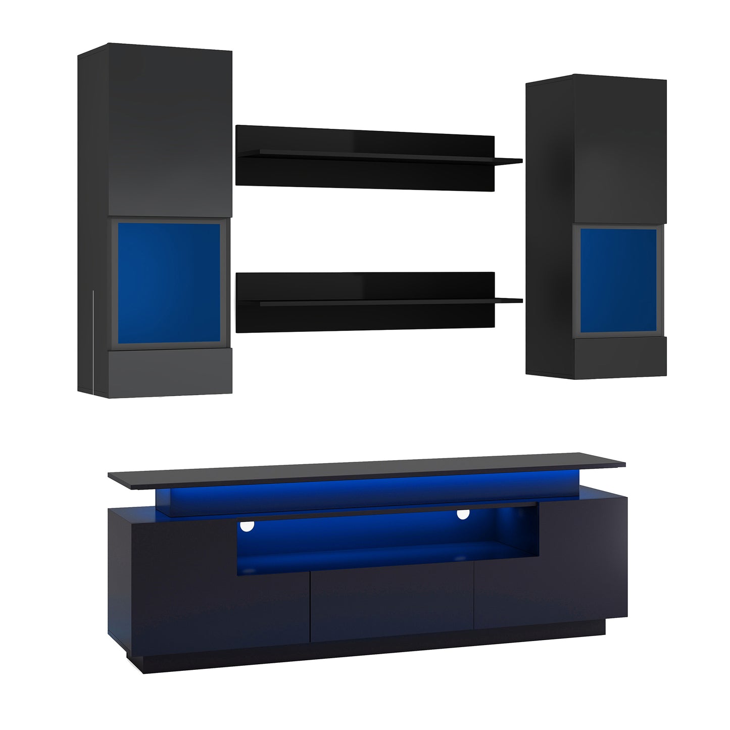 5-Piece Modern Black Floating TV Stand Set with LED Lights