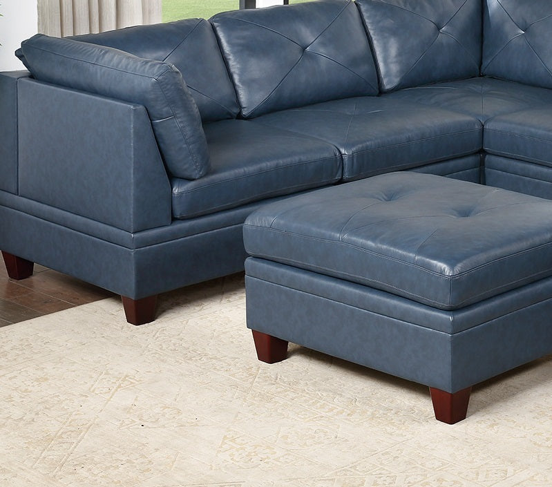 Ink Blue Genuine Leather Tufted 8-Piece Sectional Set with Ottoman and Plush Couch