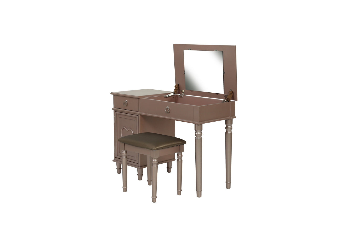 Bedroom Vanity Set w Stool Open Up Mirror Storage Space Drawers Rubber wood Ring Pull Handles Rose Gold Color Vanity