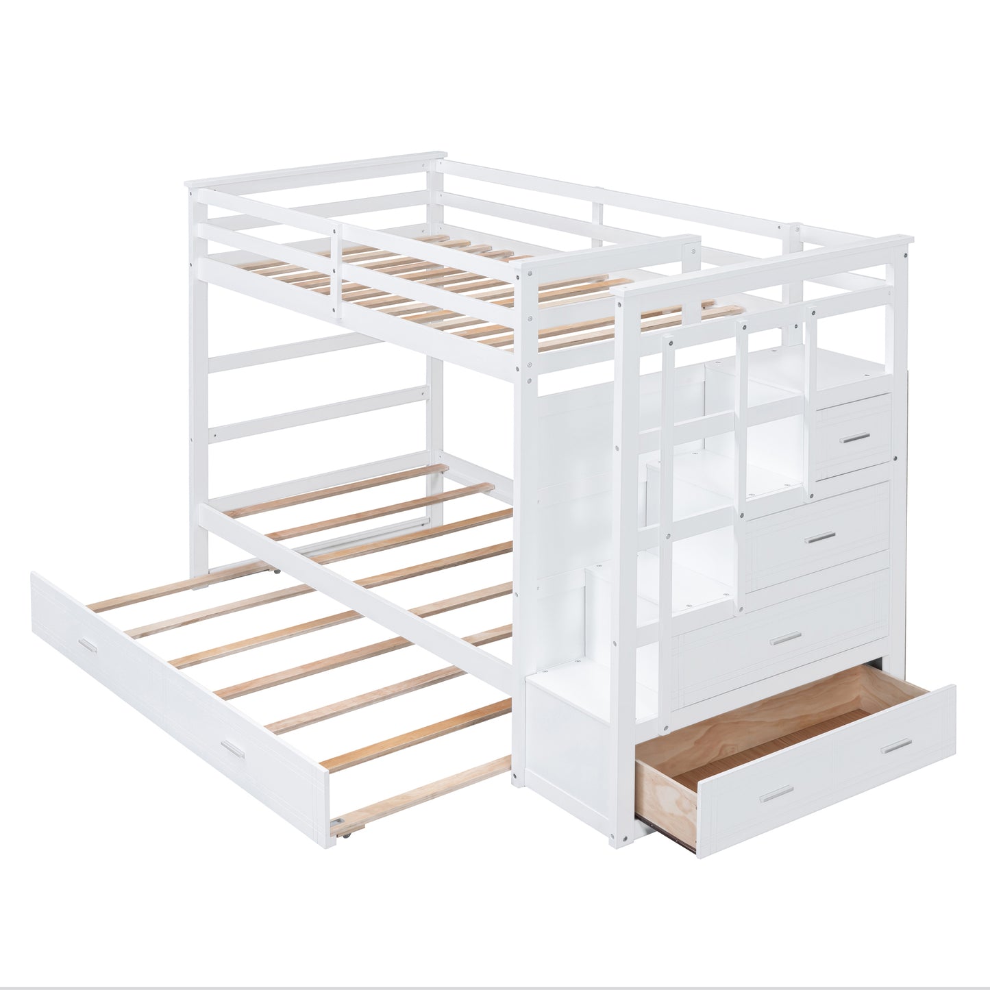 White Twin Over Twin Bunk Bed with Trundle, Staircase, and Storage Drawers