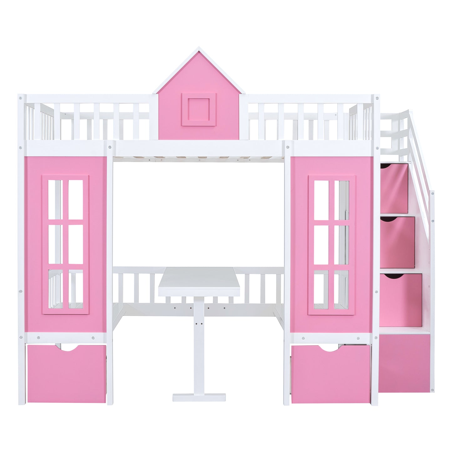 Pink Full-Over-Full Bunk Bed with Multi-Functional Table