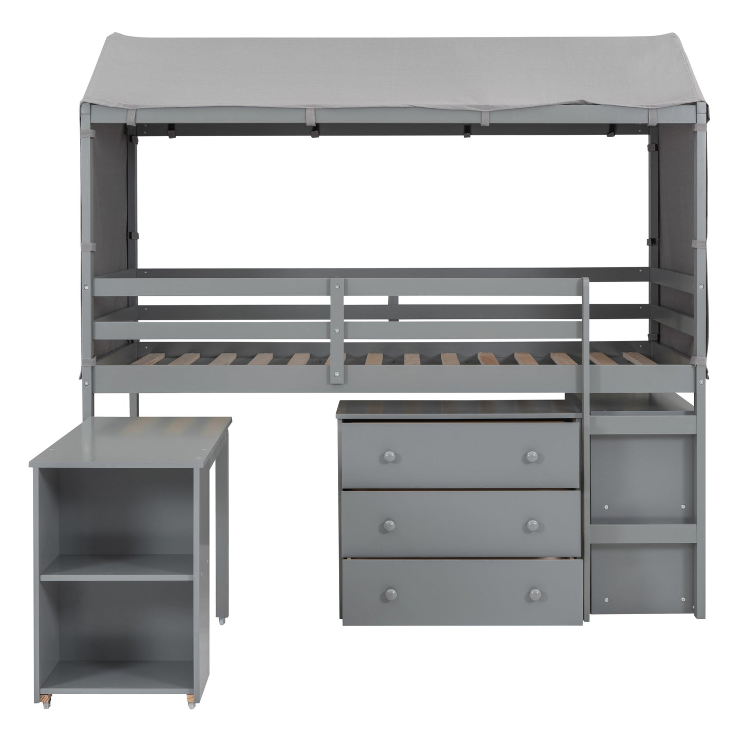 Twin Size Loft Bed with Rolling Cabinet, Shelf and Tent - Gray