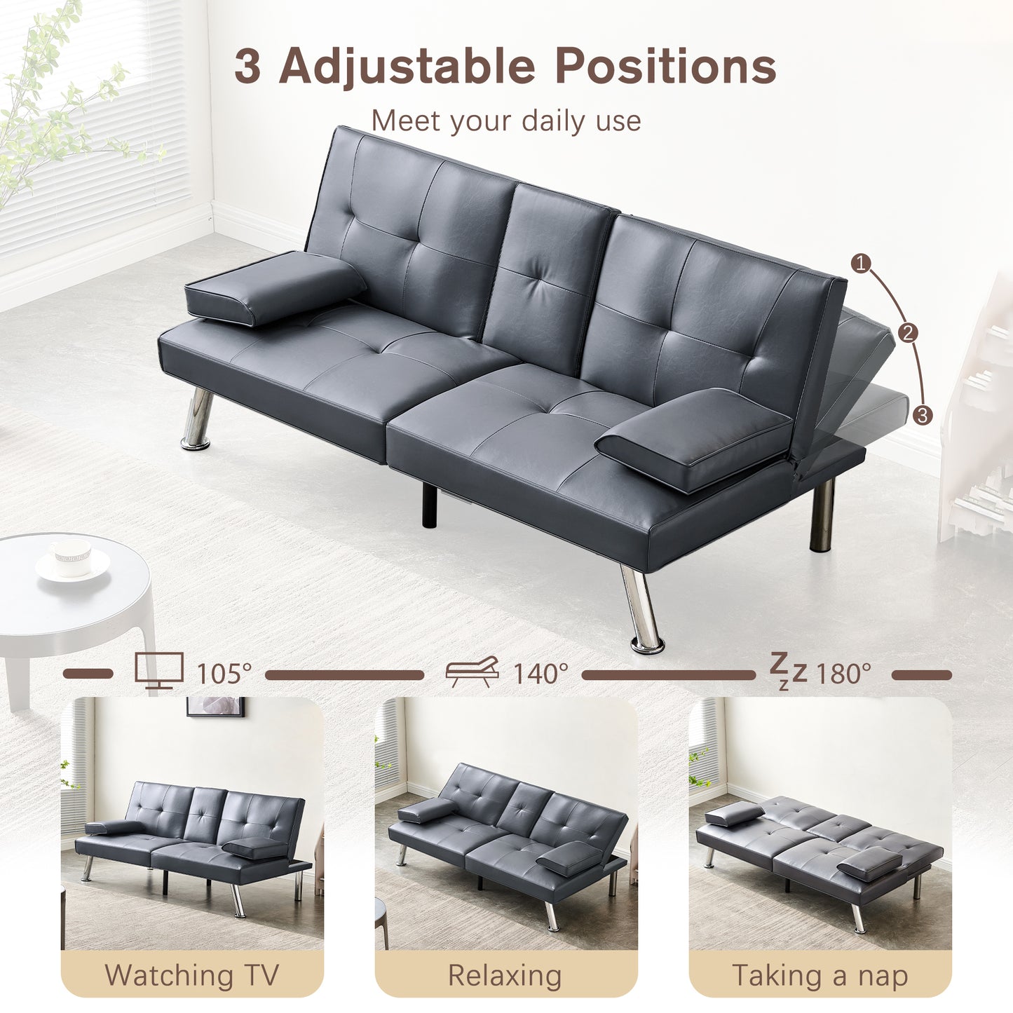 Convertible Sofa Bed Adjustable Couch Sleeper Modern Faux Leather Recliner Reversible Loveseat Folding Daybed Guest Bed, Removable Armrests, Cup Holders, 3 Angles, , Gray