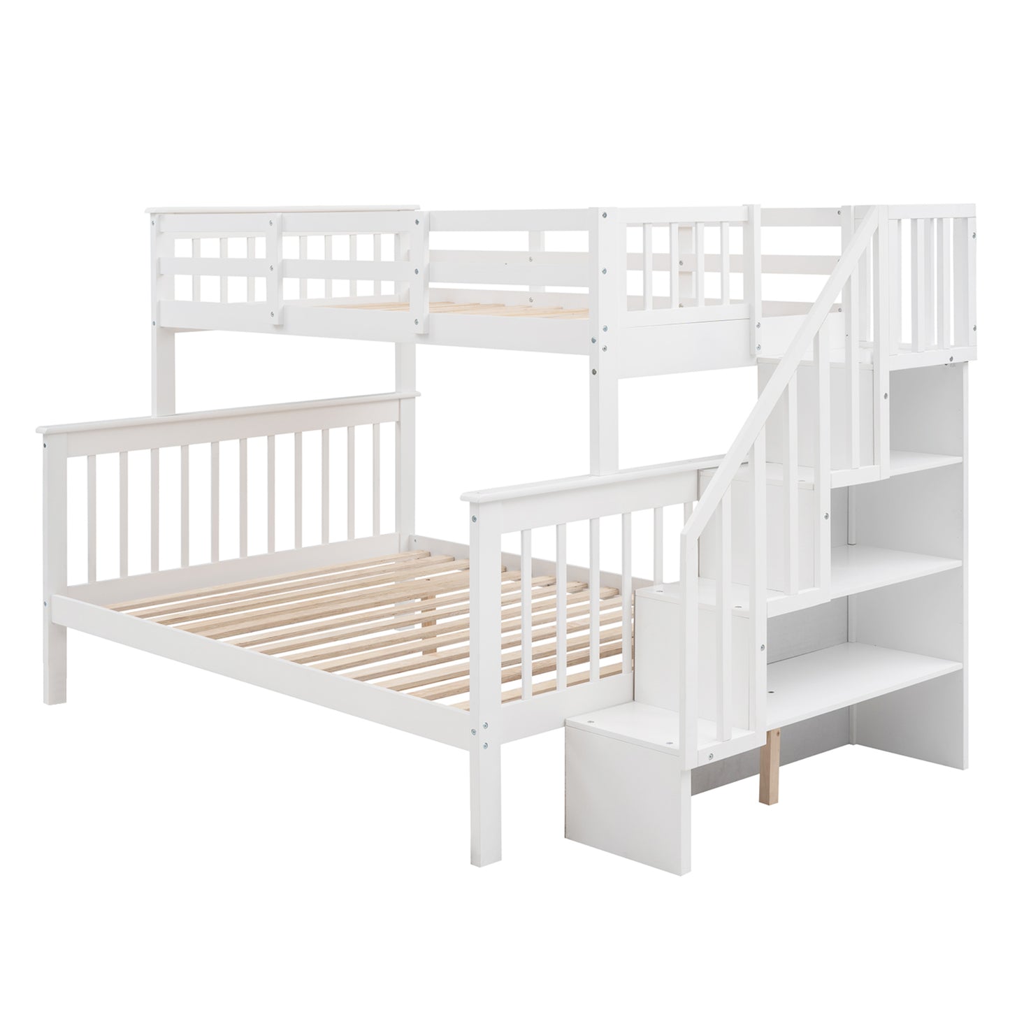 White Twin-Over-Full Bunk Bed with Staircase Storage and Guard Rail