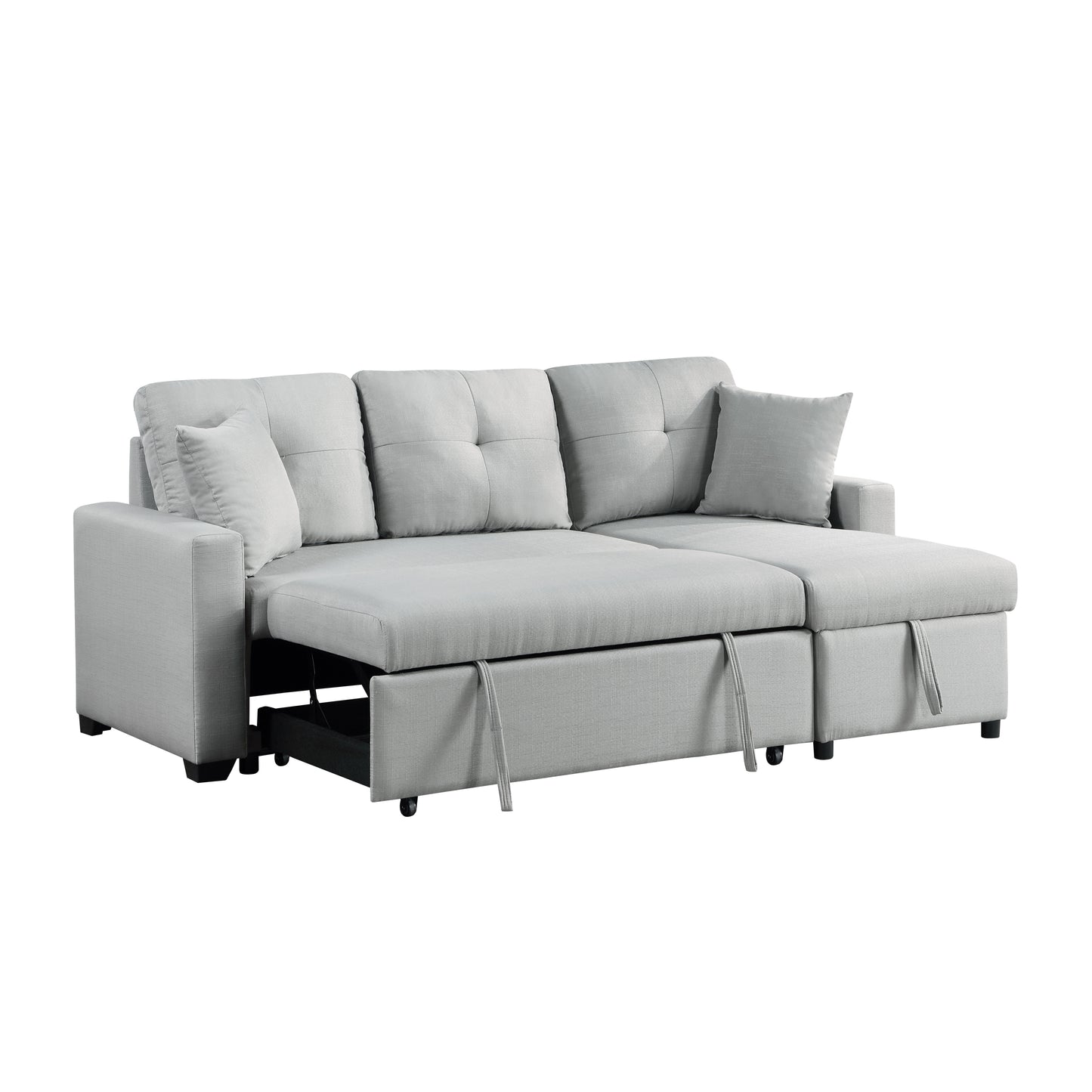 Gray Linen Reversible Sleeper Sectional Sofa with Storage Chaise and Matching Throw Pillows