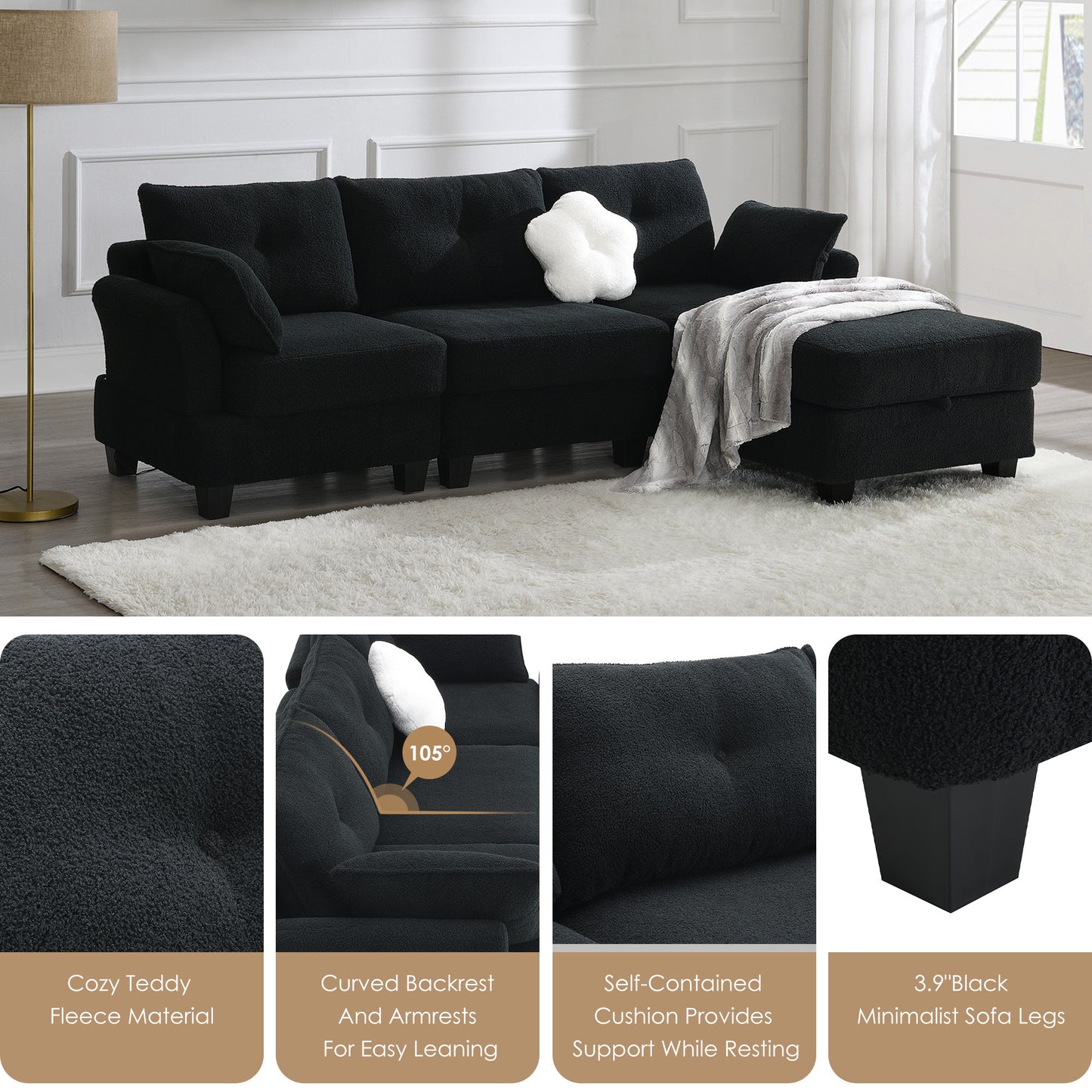 Modern Teddy Velvet Sectional Sofa with Charging Ports and Storage Ottoman - 4 Seat L-shaped Couch