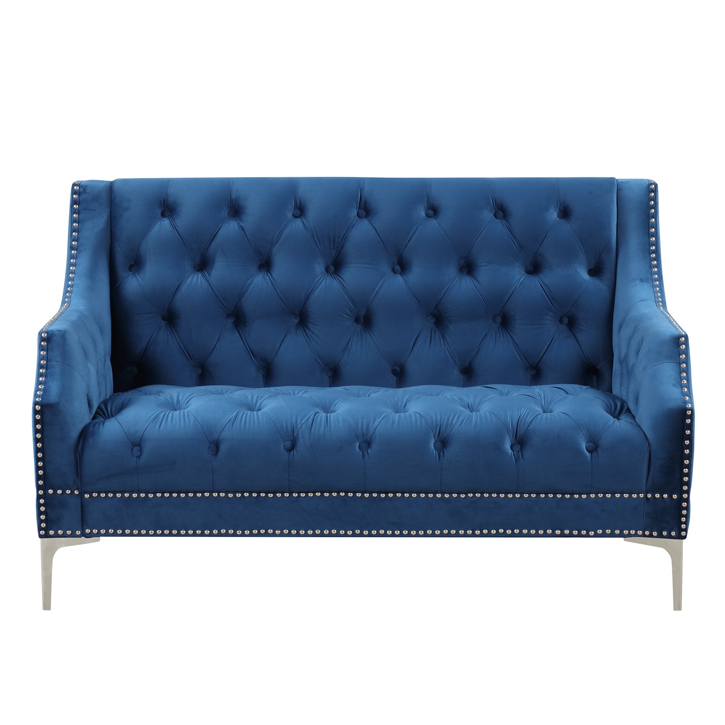 Button Tufted Back Blue Modern Sofa with Metal Legs and Plush Upholstery - 55.5