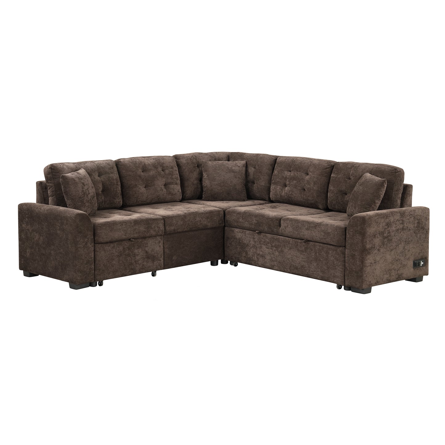 Convertible L-Shape Sleeper Sofa with USB Ports and Power Sockets, Brown