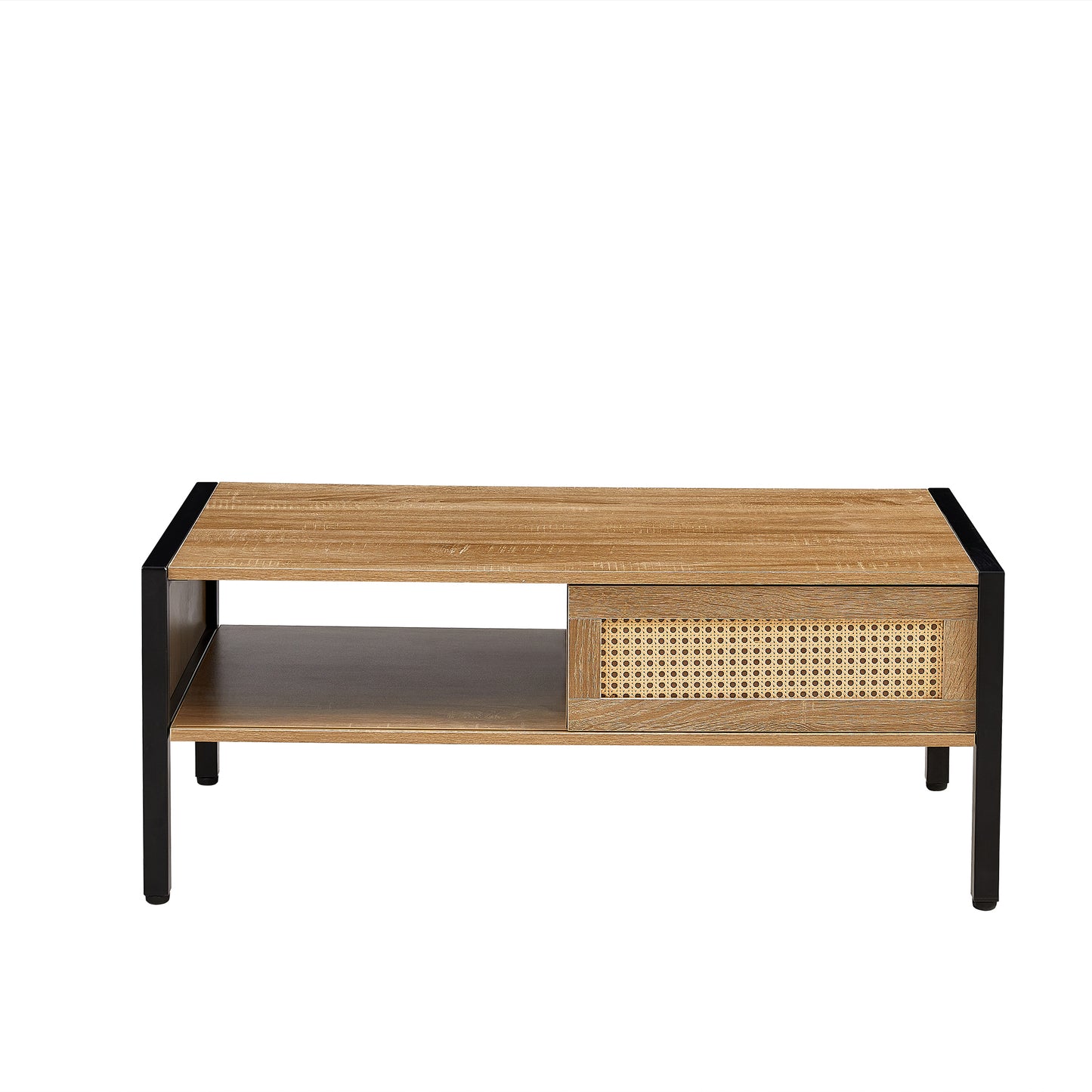 Rattan Coffee Table with Sliding Door Storage and Metal Legs for Modern Living Room