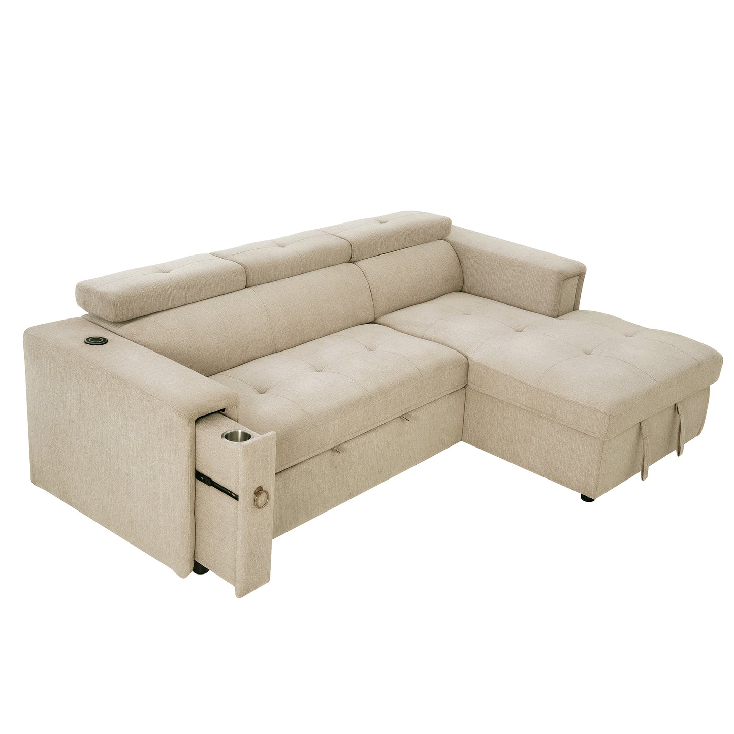 L-Shaped Sectional Sofa with Hidden Storage, Adjustable Headrest, Wireless Charging, and Cup Holders