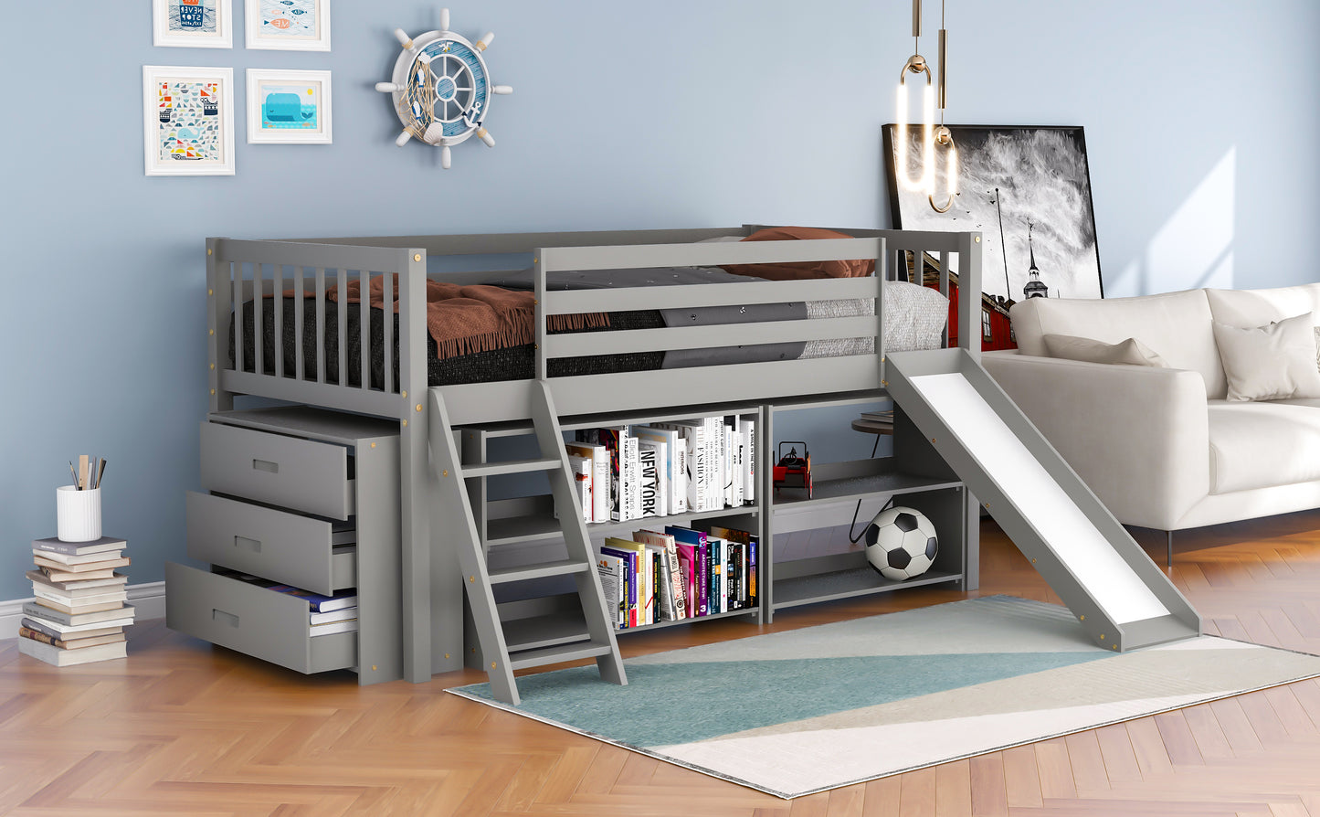 Low Loft Bed with Attached Bookcases and Separate 3-tier Drawers,Convertible Ladder and Slide,Twin,Gray