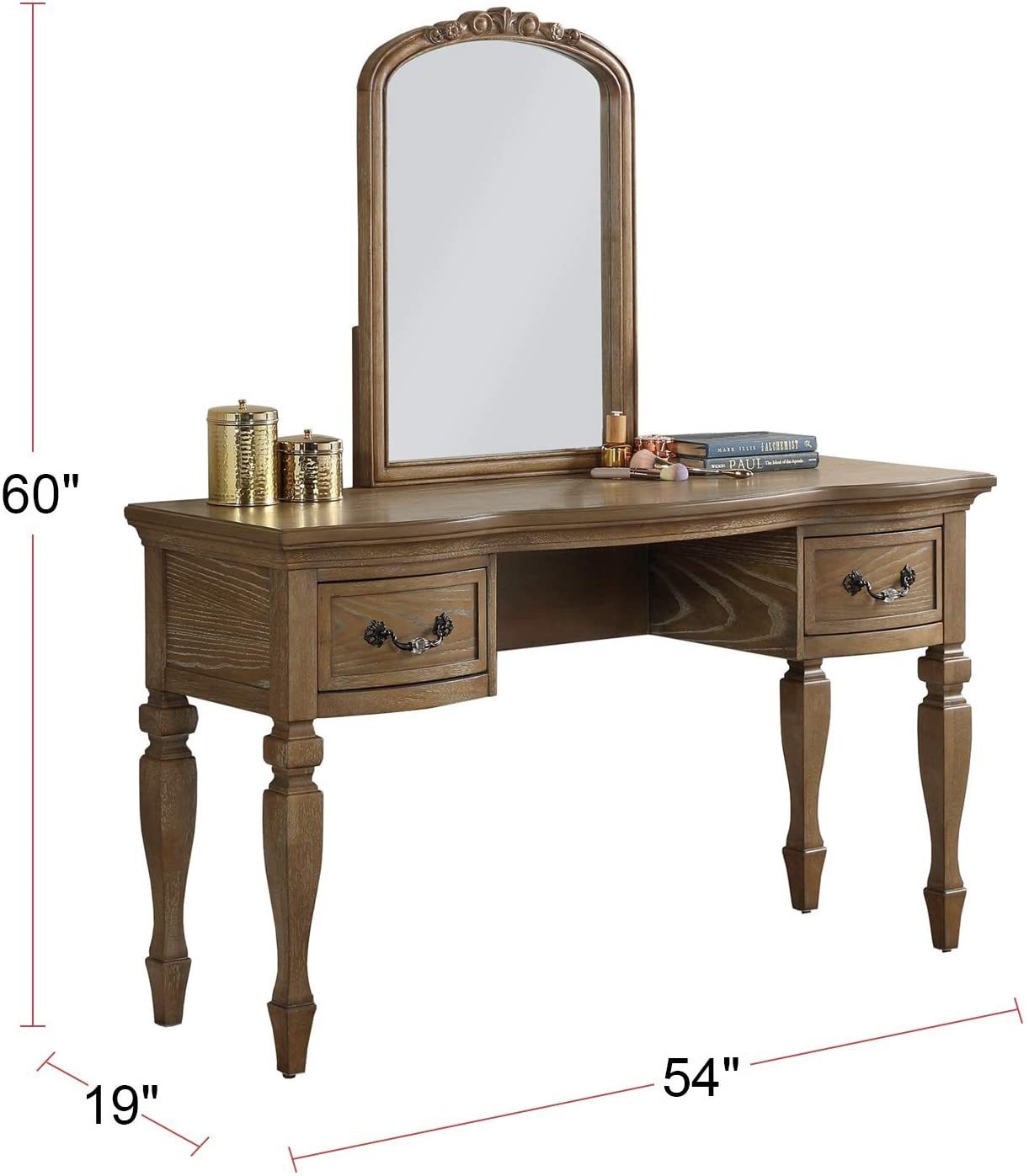 Bedroom Classic Vanity Set Wooden Carved Mirror Stool Drawers Antique Oak Finish