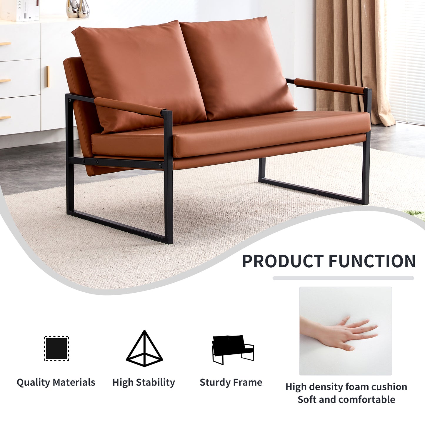 PU leather armchair metal frame cushion armchair, cushion backrest, living room sofa 1 double sofa+2 single sofa (brown PU leather+metal frame+foam) SF-008