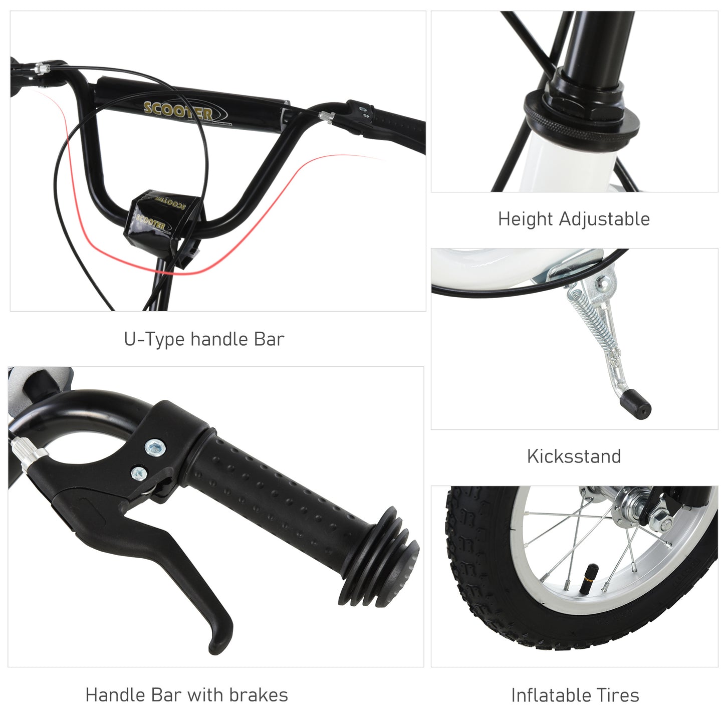 White Adjustable Height Youth Scooter with Dual Brakes and 12-Inch Inflatable Front Wheel