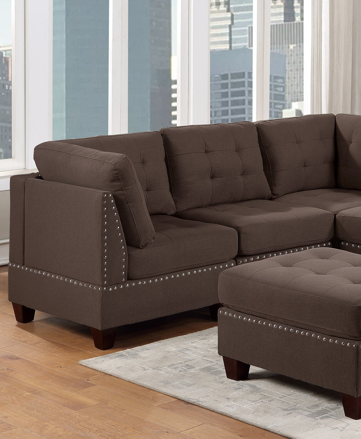 Luxurious Black Coffee Linen Modular Sectional 6-Piece Set with Tufted Nailhead Details